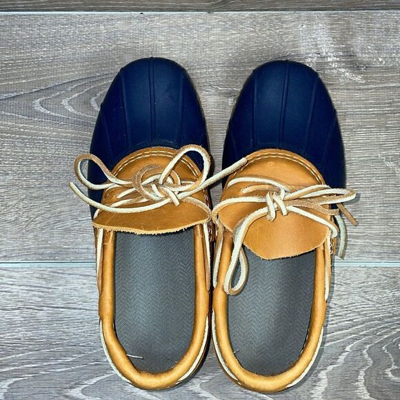 LL Bean Bean Boots Women’s Sz 6W Waterproof Tan Leather Navy Rubber Duck Boots - Picture 5 of 13